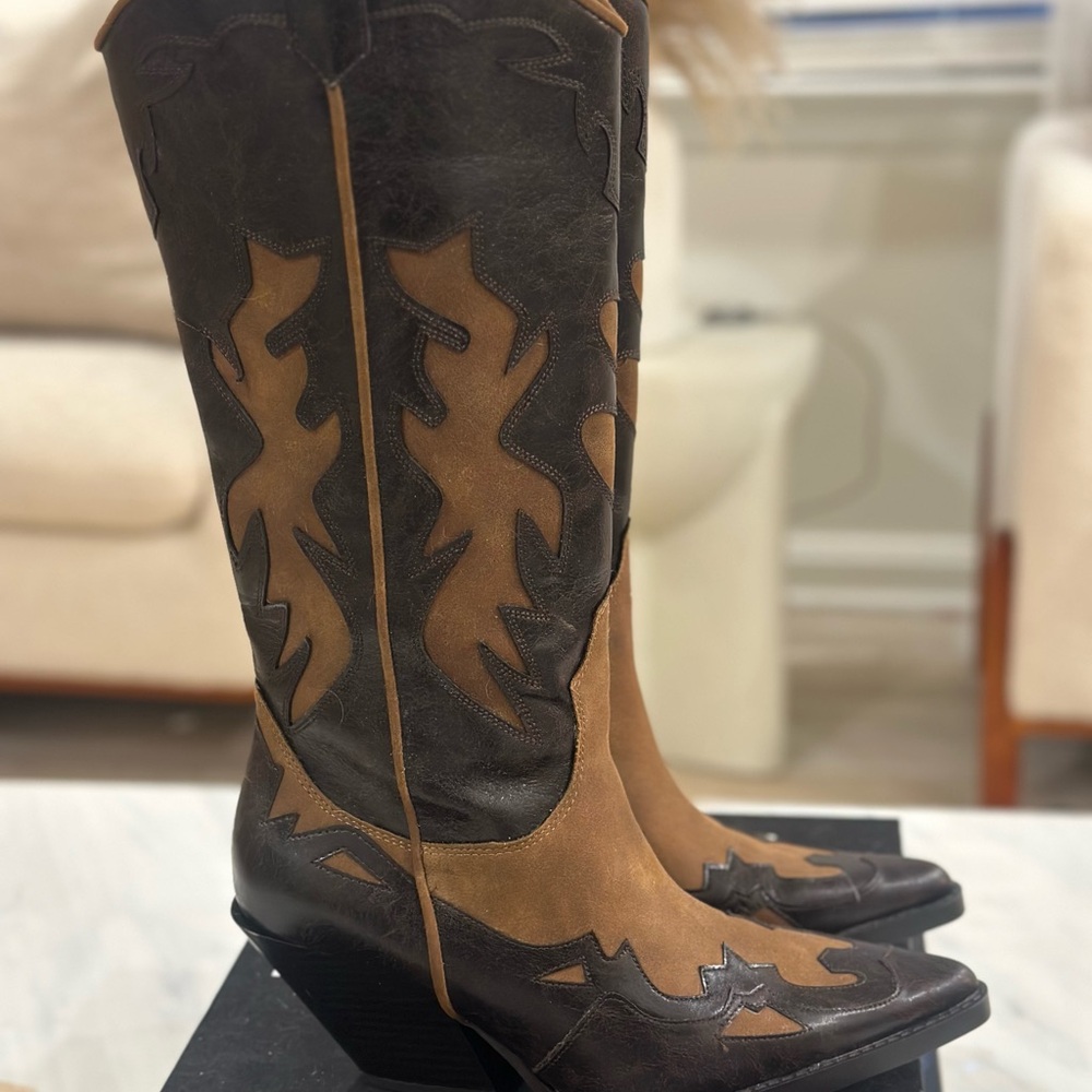 Zara Brown and Tan Cowboy Boots